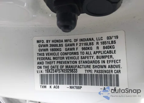 2019 Honda Insight Ex from USA, damaged, VIN 19XZE4F57KE029833